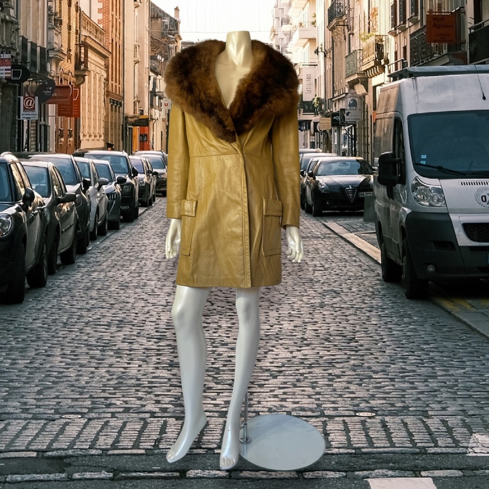 Elegant Tan Leather Coat with Fur Collar